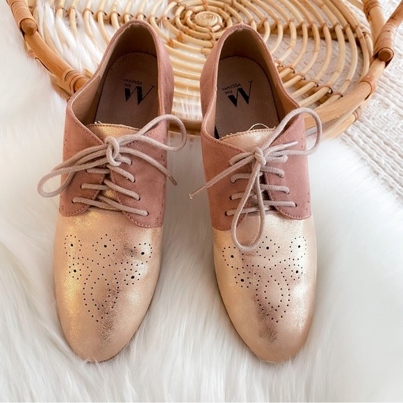 Anthropologie Vanessa Wu Metallic Oxford Loafers Rose Gold Leather Suede Lace Up - Picture 5 of 15